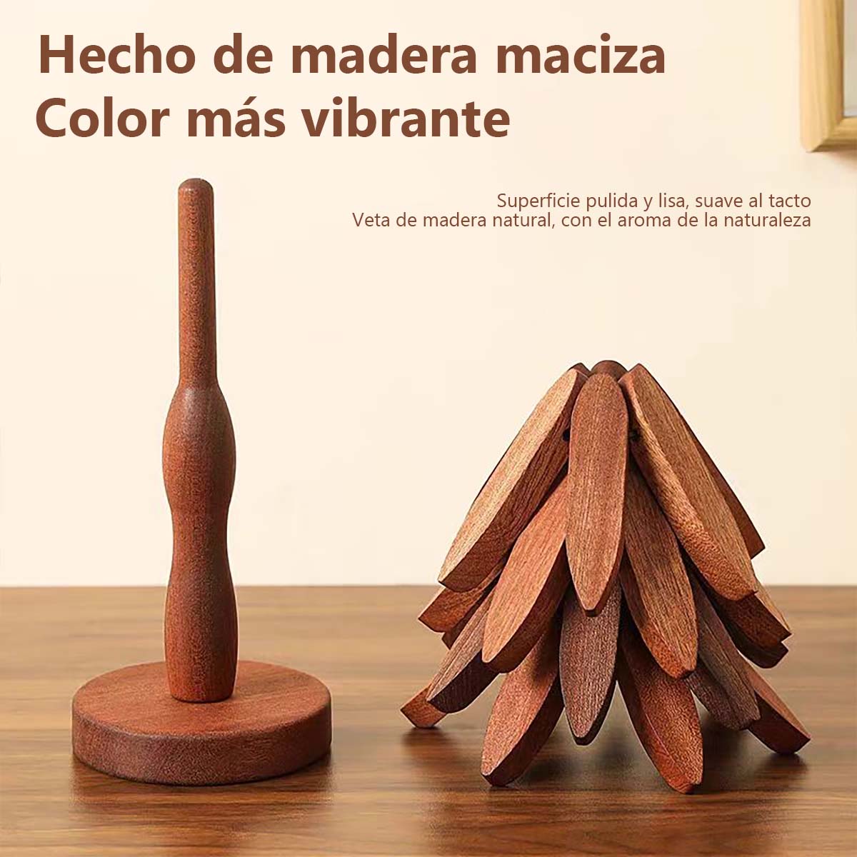 Manteles individuales de madera de haya, decorativos y resistentes al calor; ideales como posavasos, salvamanteles o base para ollas y tazones en el hogar.