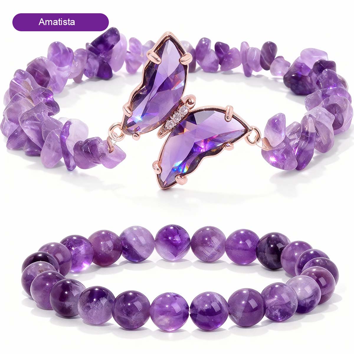 Pulsera de cristales de amatista morada natural de doble capa, para mujeres, de alto nivel, con diseño apilable y cuentas entrelazadas.