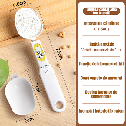 Cântar electronic de bucătărie tip lingură – 0,1 g precizie, ideal pentru prăjituri, pudră de lapte, cafea și ingrediente mici, portabil și ușor de utilizat.