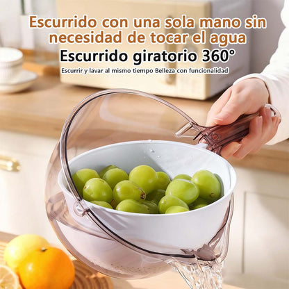 Nuevo colador multifuncional de cocina Taomi: lava arroz y verduras sin ensuciar las manos, mango ergonómico, cesta para escurrir frutas y vegetales.