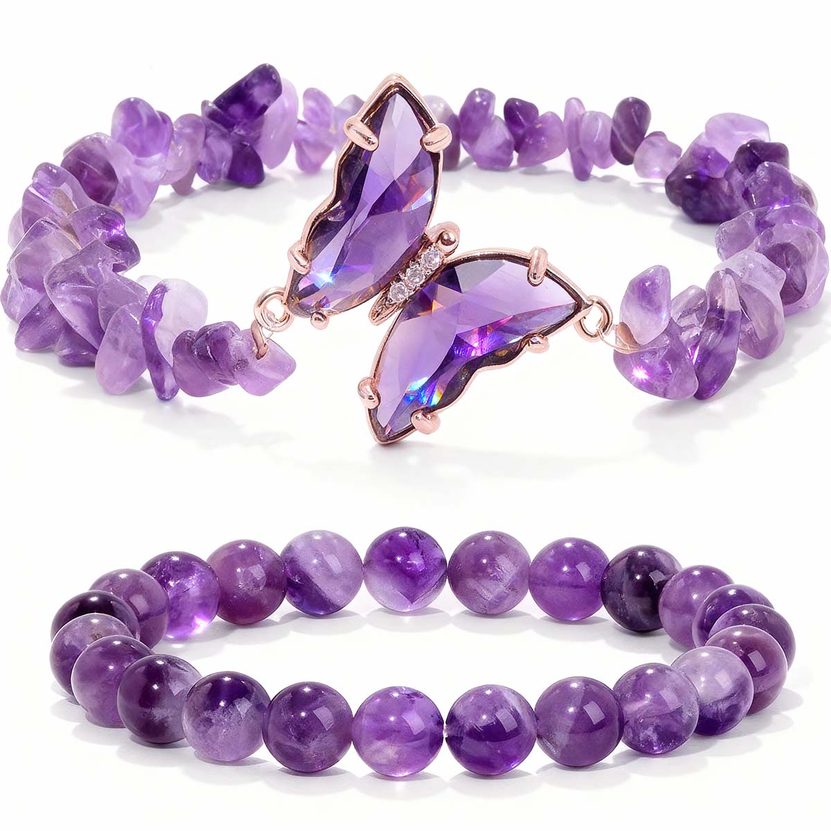 Pulsera de cristales de amatista morada natural de doble capa, para mujeres, de alto nivel, con diseño apilable y cuentas entrelazadas.