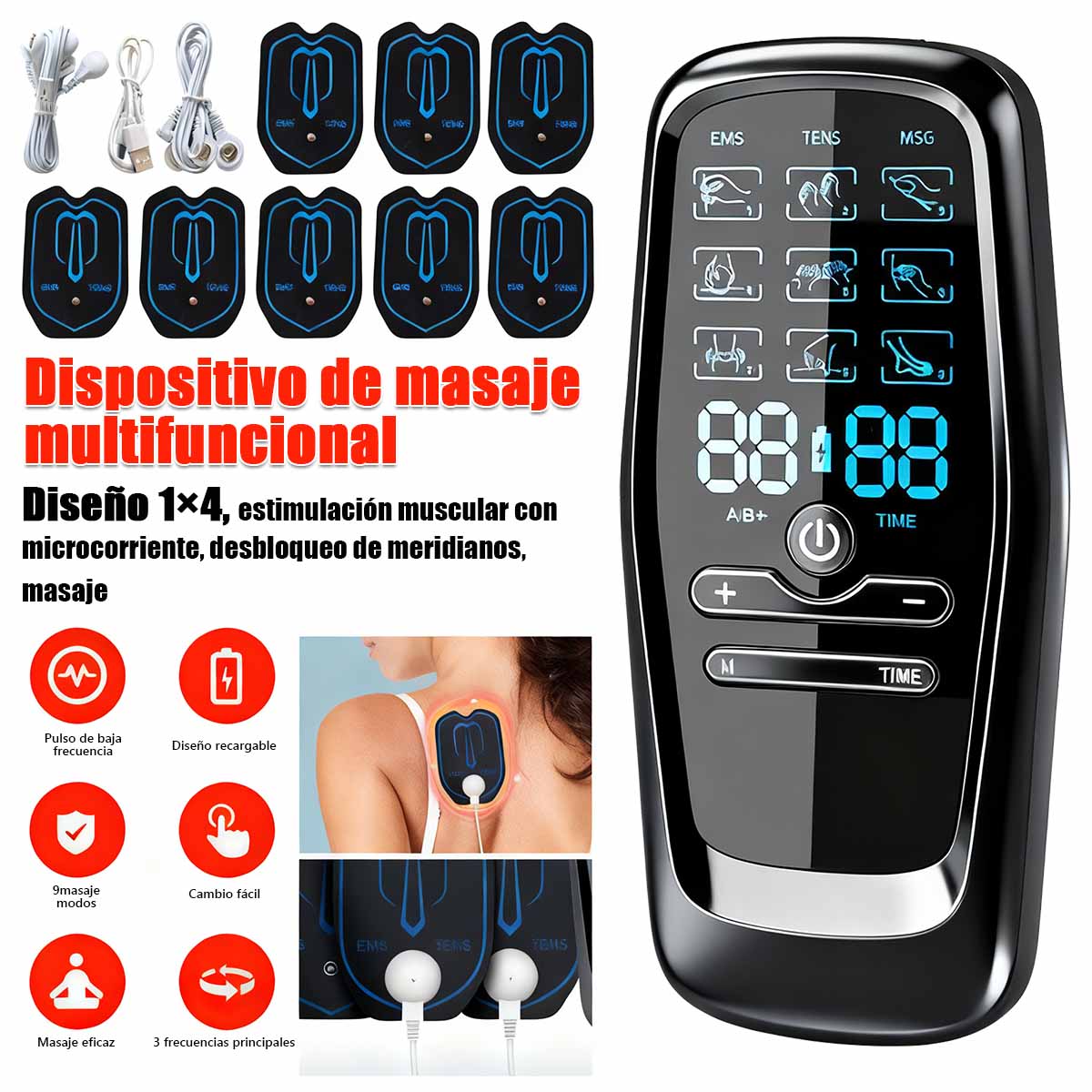"Dispositivo de terapia TENS de doble salida, estimulador EMS, dispositivo multifuncional de terapia, masajeador de tres frecuencias, almohadillas de masaje."