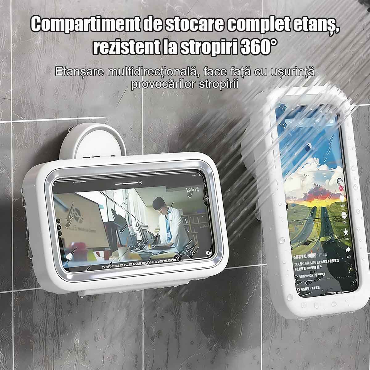 Cutie rotativă 360° pentru telefon, rezistentă la apă, pentru baie | Suport de perete pentru baie, duș, bucătărie, cu ventuză, ideal pentru cei care preferen comoditatea.
