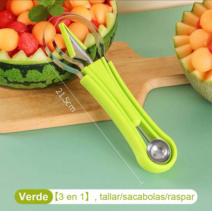 Cuchara multifuncional 3 en 1 para frutas, sacabolas de sandía, cuchillo para tallar frutas y herramienta para vaciar frutas – Juego de utensilios para frutas.