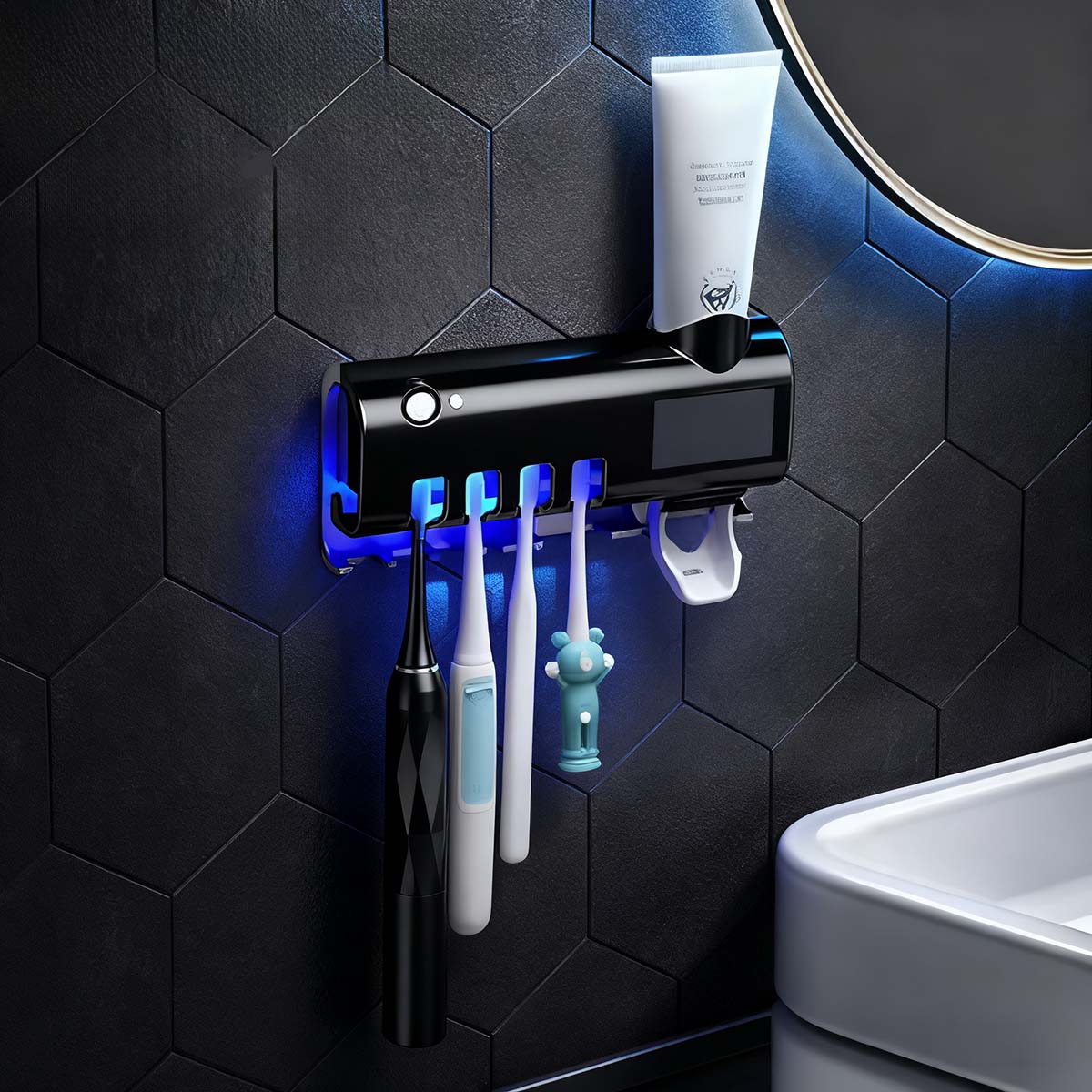 Esterilizador UV Inteligente para Cepillos de Dientes - Soporte de Pared Sin Taladro, Organiza y Desinfecta en el Baño