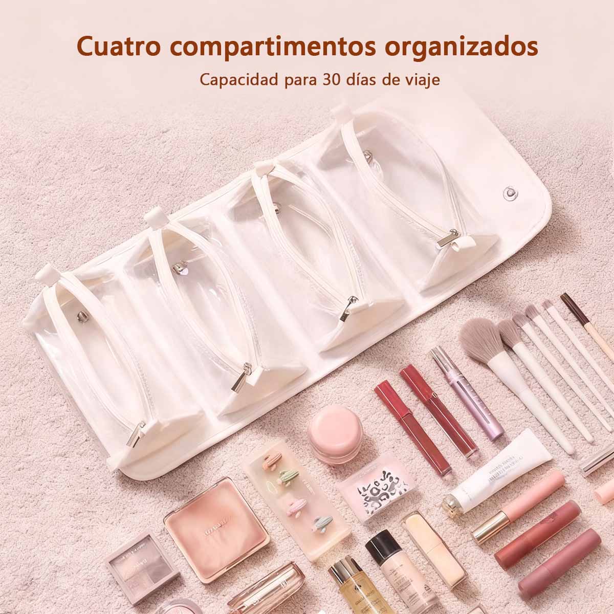 Bolso de maquillaje colgante y desmontable para personas perezosas; bolso de almacenamiento plegable y portátil de cremoso para viajes, que combina cuatro funciones en uno (maquillaje y aseo).