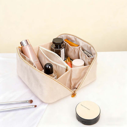 Bolsa de almacenamiento para maquillaje de cuero PU con organo, bolsa de almohada, bolsa de almacenamiento para viajes, portátil, de gran capacidad, con compartimentos para artículos de aseo.