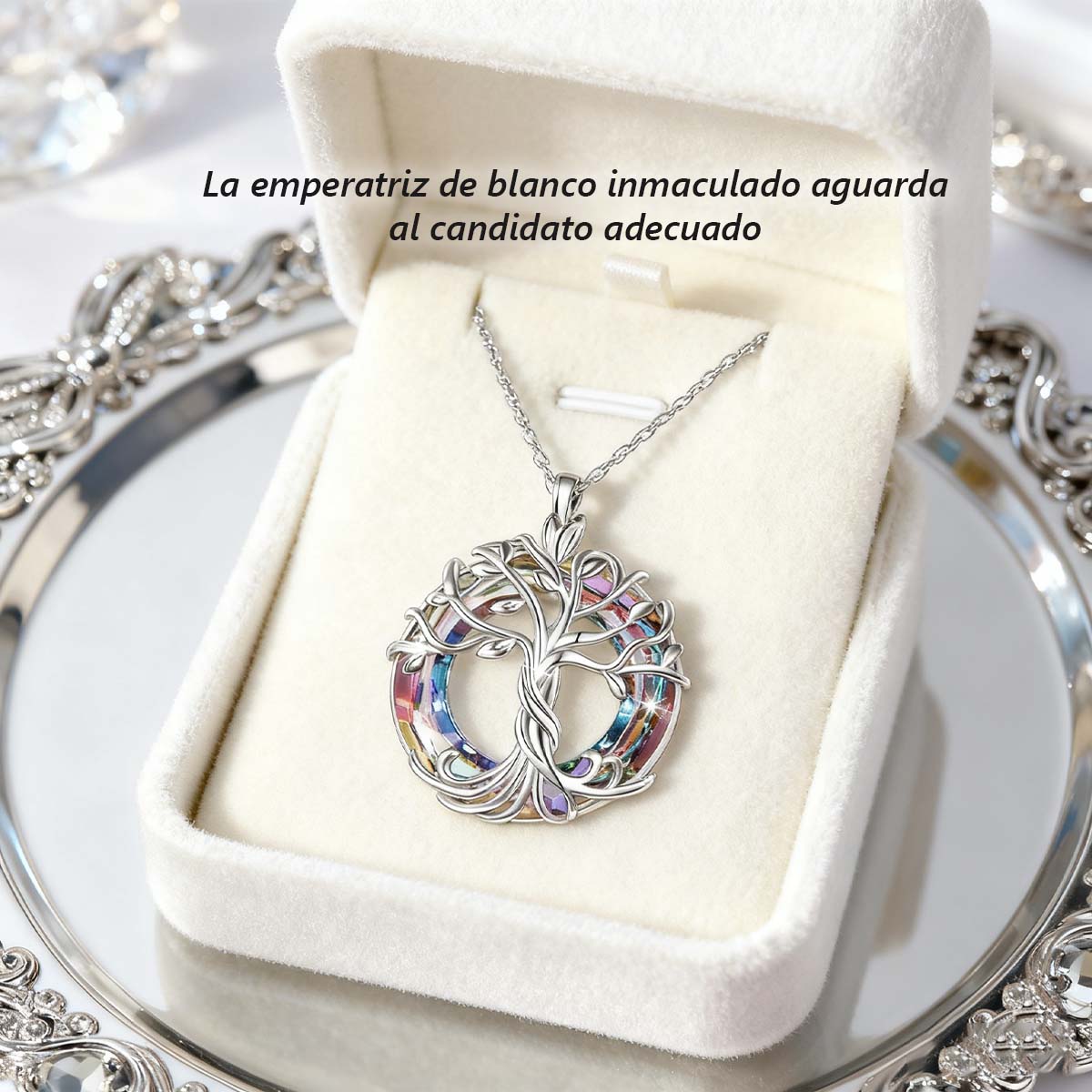 "Collar de cristal del árbol de la vida, colgante de cristal con anillo circular de colores incrustado en aleación."