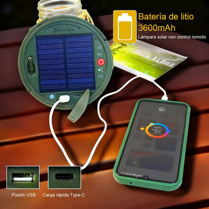 Lámpara de camping LED para exteriores, luz de emergencia para tiendas de campaña, iluminación ambiente con carga solar y USB.