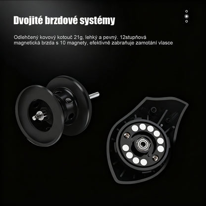 Bezpečnostní kovový černo-červený naviják s kapkovitou cívkou, set prutu na přívlač, daleké náhozy, naviják na lov z mostu a na člunu, speciálně pro lov parmy.