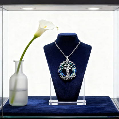 "Collar de cristal del árbol de la vida, colgante de cristal con anillo circular de colores incrustado en aleación."