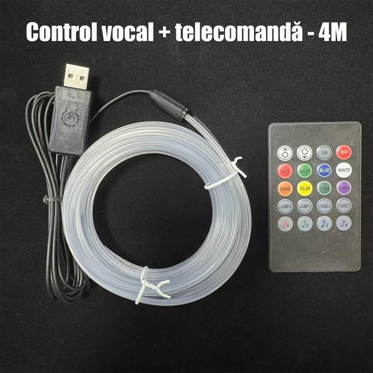 Lumini ambientale auto multicolore, cu fir rece, USB, controlate vocal, fără cablare, bandă decorativă wireless pentru iluminare atmosferică în mașină