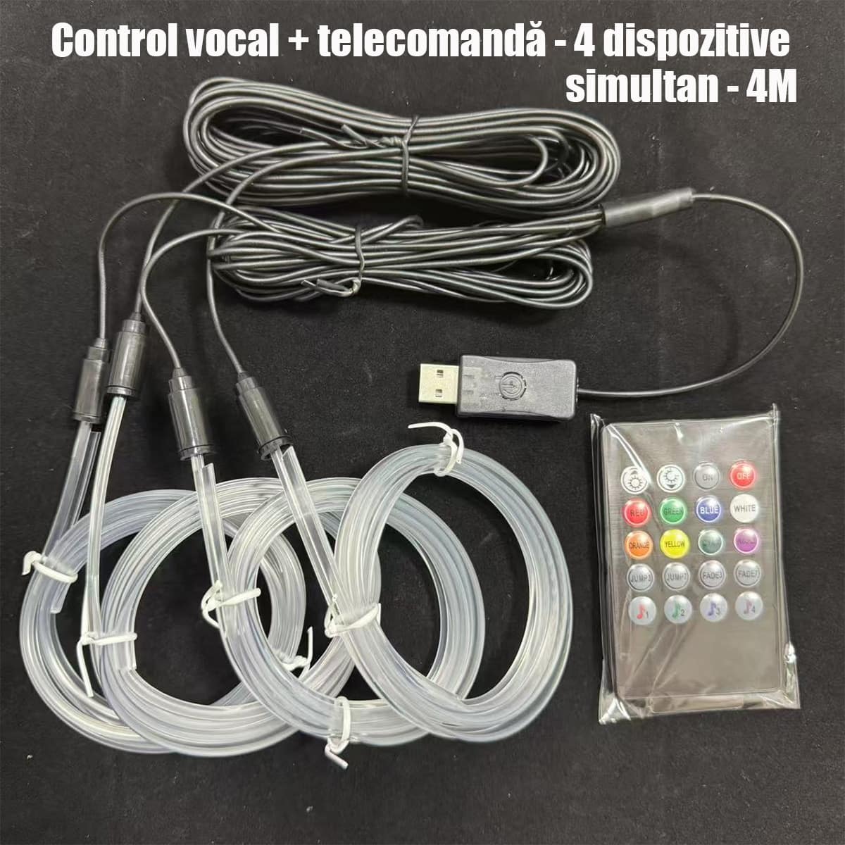 Lumini ambientale auto multicolore, cu fir rece, USB, controlate vocal, fără cablare, bandă decorativă wireless pentru iluminare atmosferică în mașină