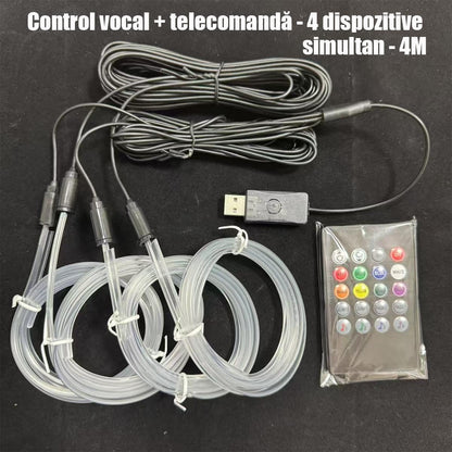 Lumini ambientale auto multicolore, cu fir rece, USB, controlate vocal, fără cablare, bandă decorativă wireless pentru iluminare atmosferică în mașină