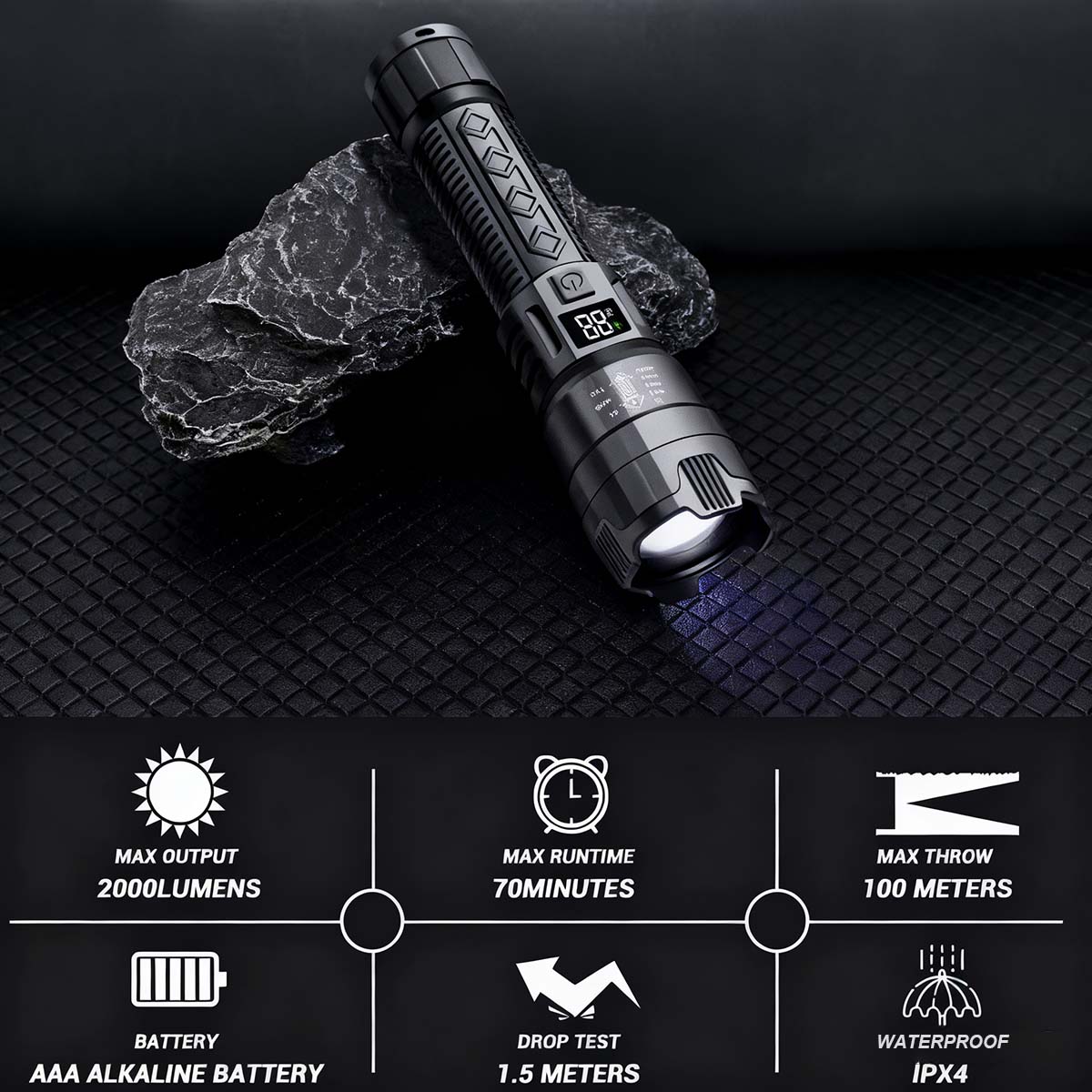 “Linterna de alta potencia recargable, portátil, de larga duración, para exteriores, de alcance lejano, resistente al agua, multifuncional y súper brillante para uso doméstico.”