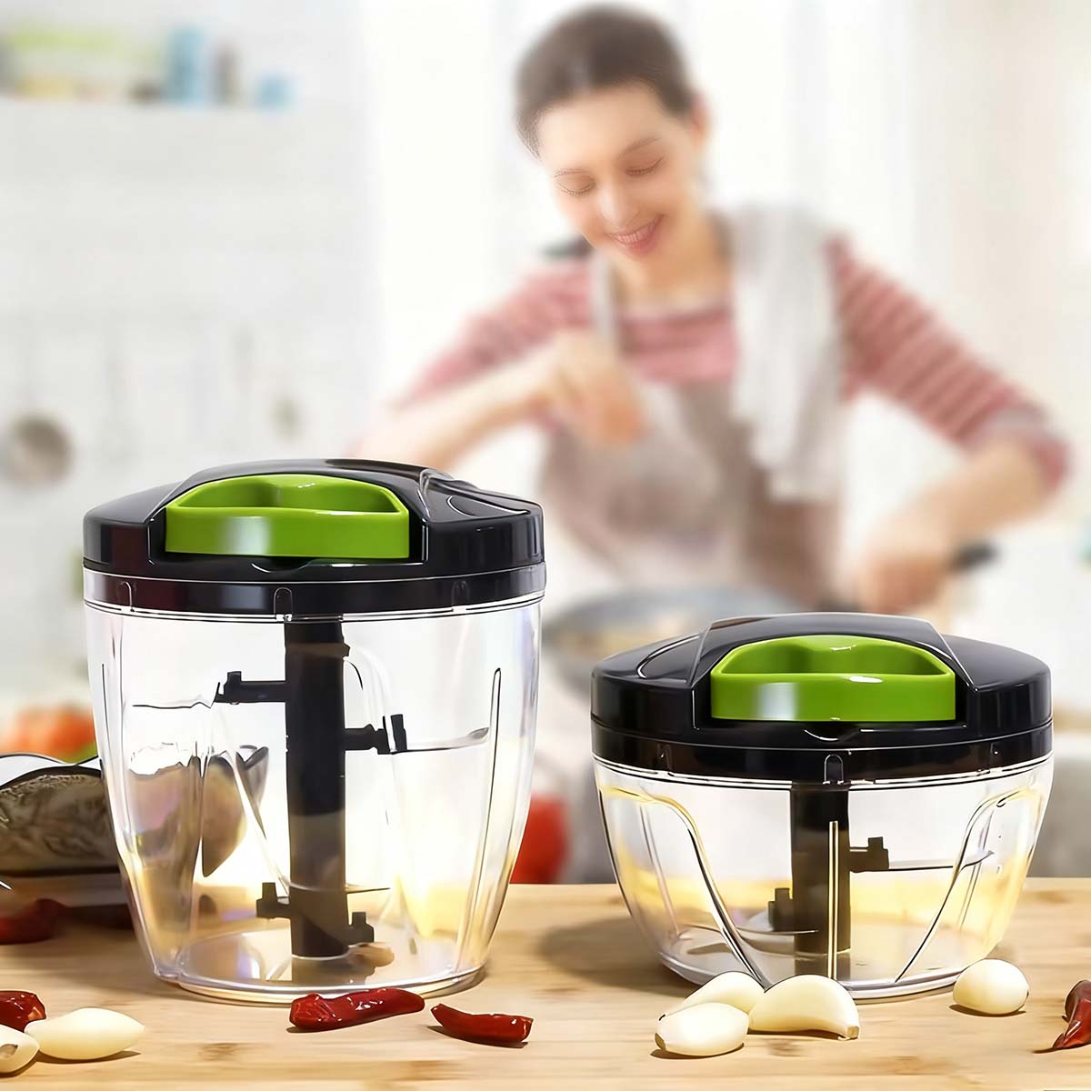 Picadora de ajo de acero inoxidable, manual y multifuncional para cocina doméstica, mini trituradora con cuerda para picar ajo y chile.