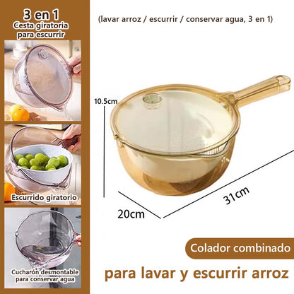 Nuevo colador multifuncional de cocina Taomi: lava arroz y verduras sin ensuciar las manos, mango ergonómico, cesta para escurrir frutas y vegetales.