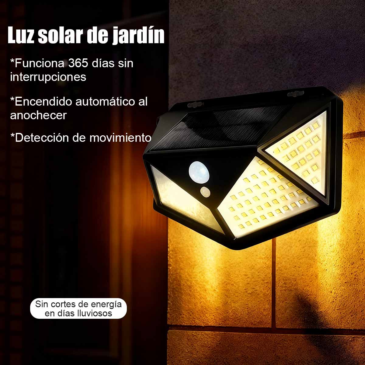 Lámpara de pared solar LED para exteriores, de cuatro caras iluminadas, con sensor de movimiento, ideal para jardines y patios.