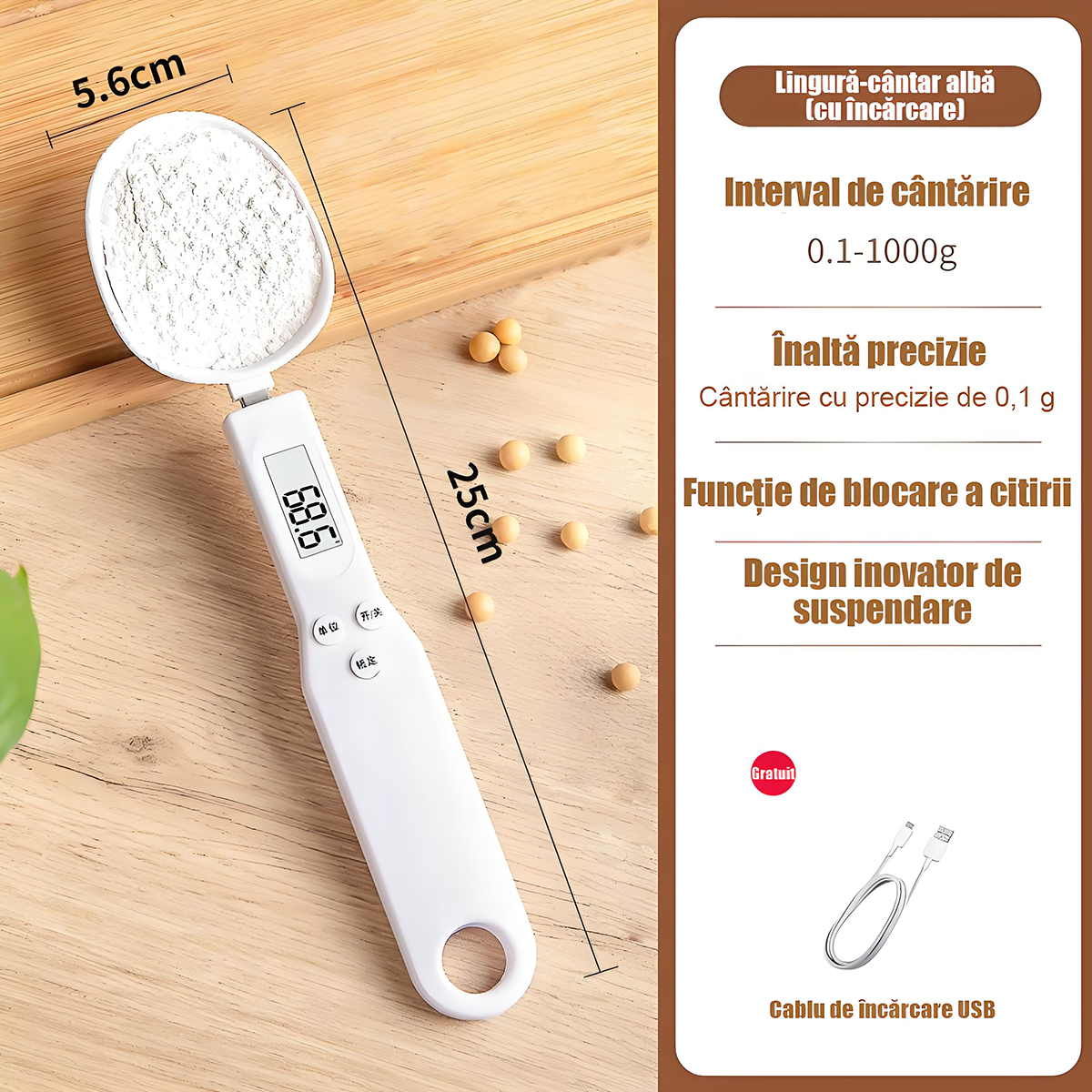 Cântar electronic de bucătărie tip lingură – 0,1 g precizie, ideal pentru prăjituri, pudră de lapte, cafea și ingrediente mici, portabil și ușor de utilizat.