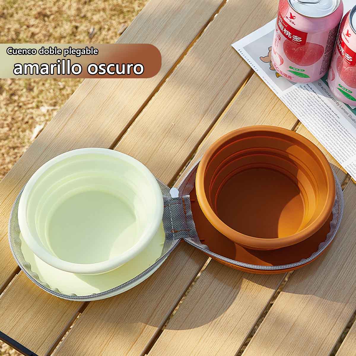 Bol plegable de silicona para mascotas, diseño de doble tazón, utensilios de alimentación ecológicos para perros y gatos en exteriores.