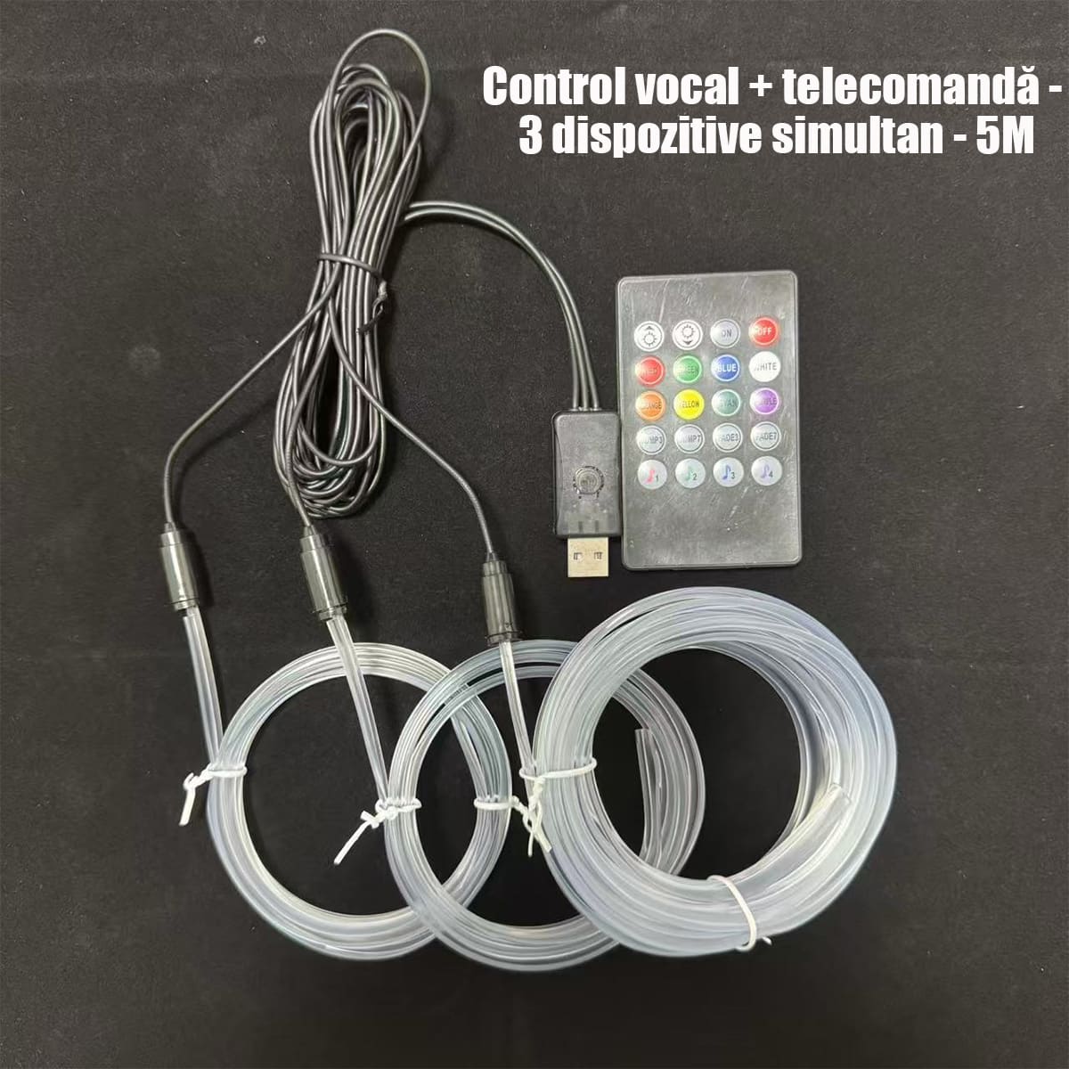 Lumini ambientale auto multicolore, cu fir rece, USB, controlate vocal, fără cablare, bandă decorativă wireless pentru iluminare atmosferică în mașină