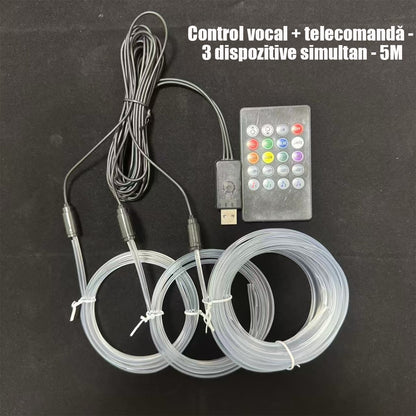Lumini ambientale auto multicolore, cu fir rece, USB, controlate vocal, fără cablare, bandă decorativă wireless pentru iluminare atmosferică în mașină