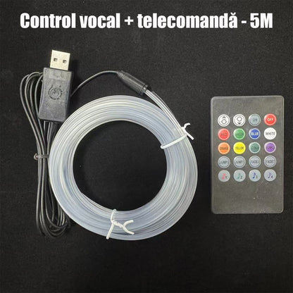 Lumini ambientale auto multicolore, cu fir rece, USB, controlate vocal, fără cablare, bandă decorativă wireless pentru iluminare atmosferică în mașină
