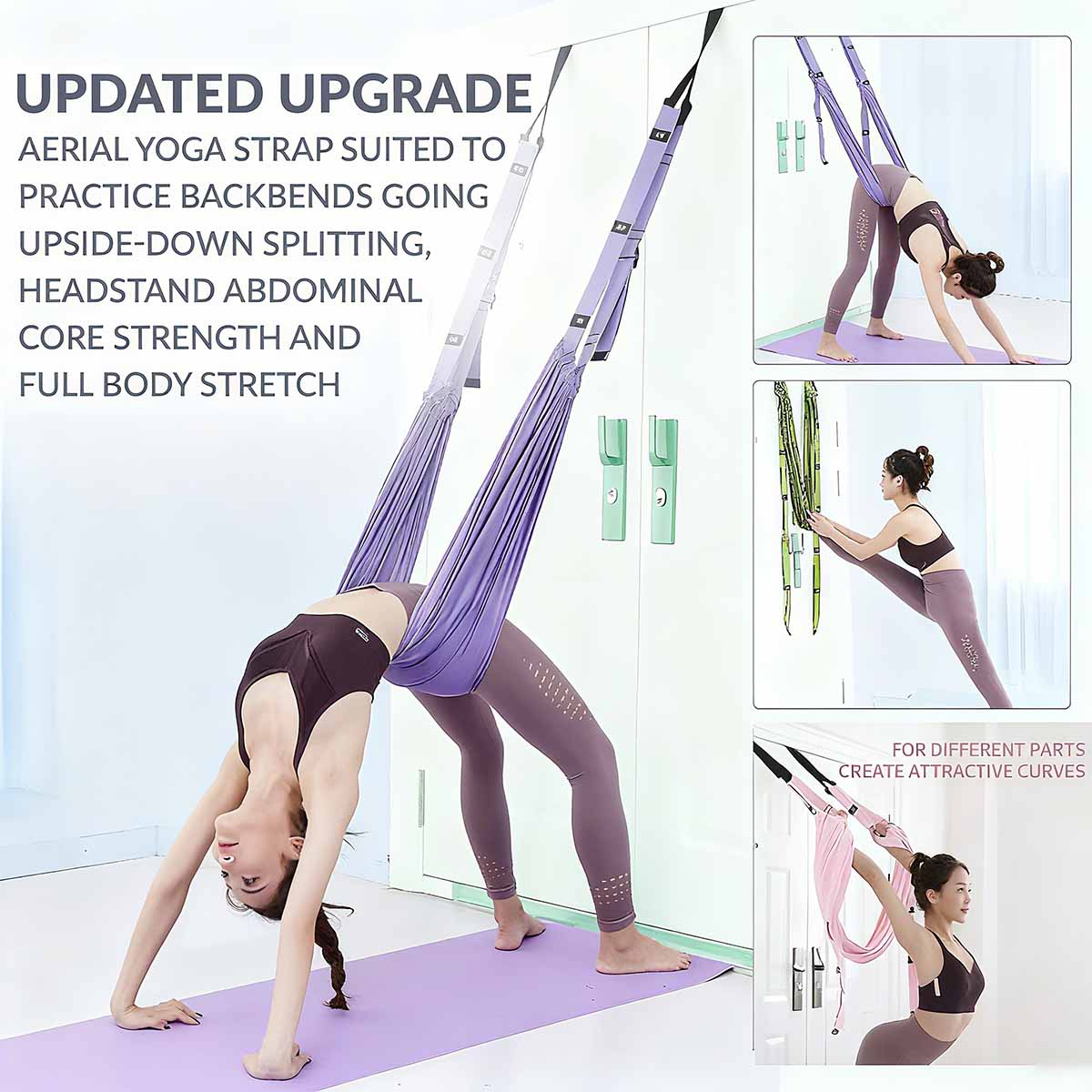 Cinturón de yoga aéreo con cuerdas de suspensión, hamaca auxiliar para abrir caderas, hacer splits, estirar piernas y espalda, flexiones e inversiones colgadas.