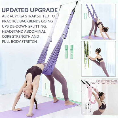 Cinturón de yoga aéreo con cuerdas de suspensión, hamaca auxiliar para abrir caderas, hacer splits, estirar piernas y espalda, flexiones e inversiones colgadas.