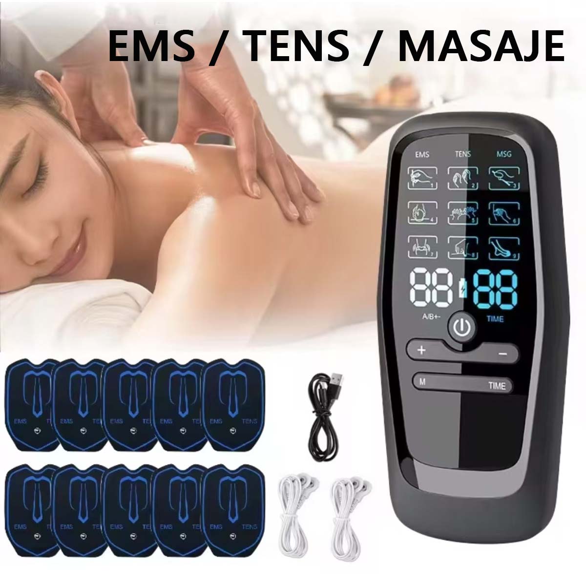 "Dispositivo de terapia TENS de doble salida, estimulador EMS, dispositivo multifuncional de terapia, masajeador de tres frecuencias, almohadillas de masaje."