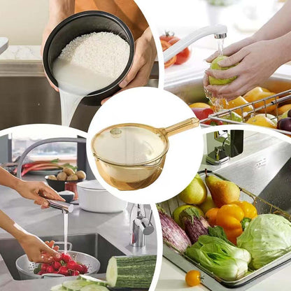 Nuevo colador multifuncional de cocina Taomi: lava arroz y verduras sin ensuciar las manos, mango ergonómico, cesta para escurrir frutas y vegetales.