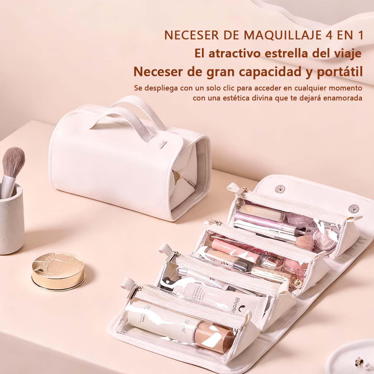 Bolso de maquillaje colgante y desmontable para personas perezosas; bolso de almacenamiento plegable y portátil de cremoso para viajes, que combina cuatro funciones en uno (maquillaje y aseo).