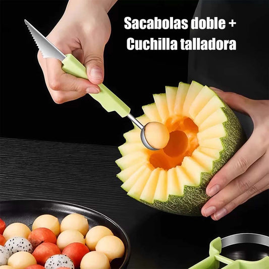 Cuchara multifuncional 3 en 1 para frutas, sacabolas de sandía, cuchillo para tallar frutas y herramienta para vaciar frutas – Juego de utensilios para frutas.