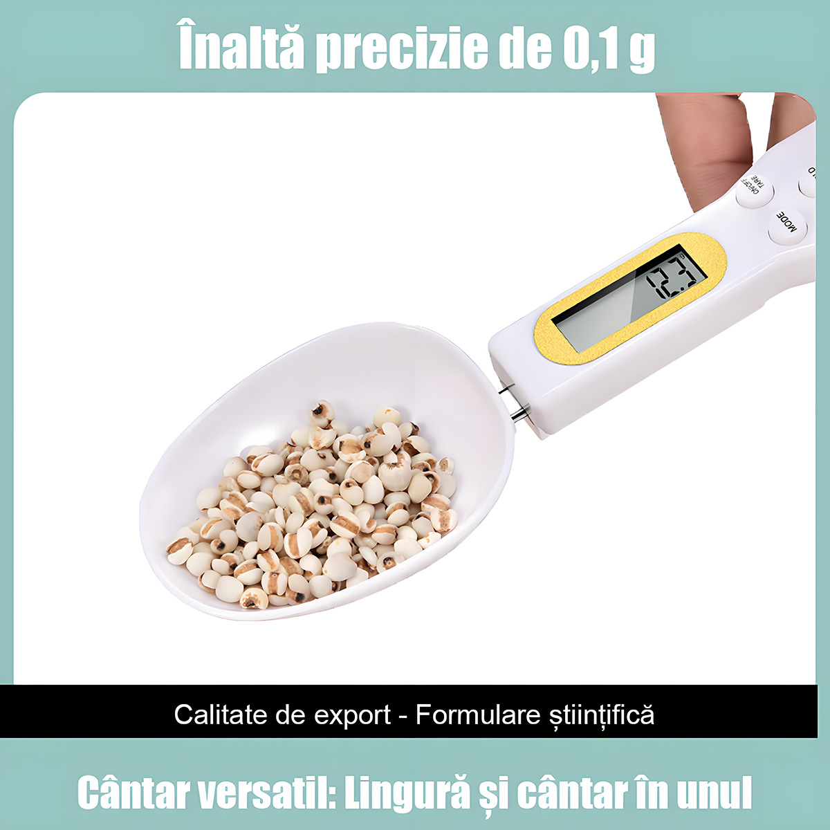 Cântar electronic de bucătărie tip lingură – 0,1 g precizie, ideal pentru prăjituri, pudră de lapte, cafea și ingrediente mici, portabil și ușor de utilizat.