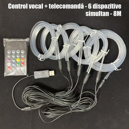 Lumini ambientale auto multicolore, cu fir rece, USB, controlate vocal, fără cablare, bandă decorativă wireless pentru iluminare atmosferică în mașină