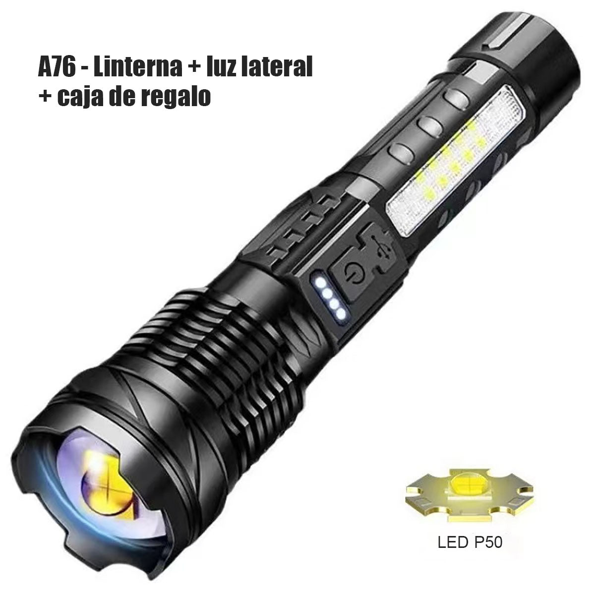 “Linterna de alta potencia recargable, portátil, de larga duración, para exteriores, de alcance lejano, resistente al agua, multifuncional y súper brillante para uso doméstico.”