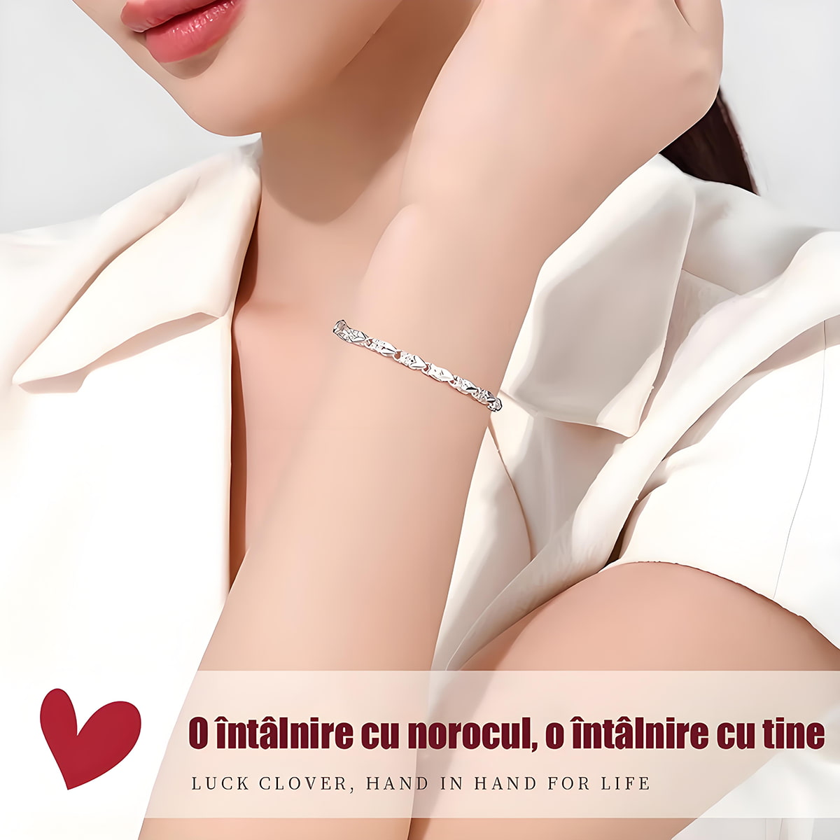 Brățară din argint pur, design exclusiv trifoi și inimioară, bijuterie modernă și delicată.