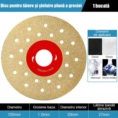 Disc diamantat pentru plăci de piatră și gresie: tăiere și șlefuire 45°, fără ciobire, compatibil cu polizor unghiular