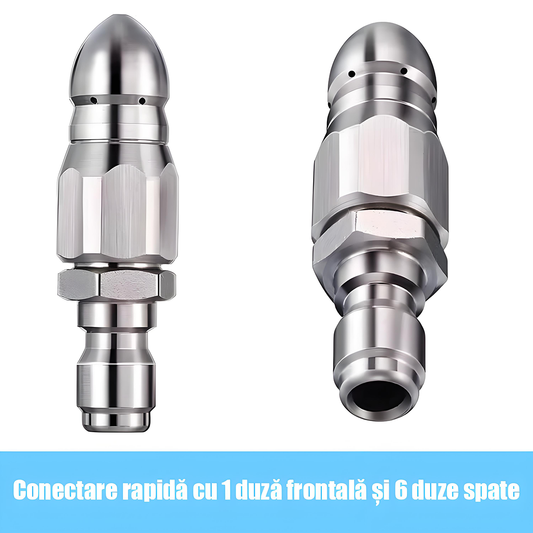 Cap de curățare și deblocare pentru țevi de canalizare, din oțel inoxidabil, cu duză de înaltă presiune – „șobolan de apă”