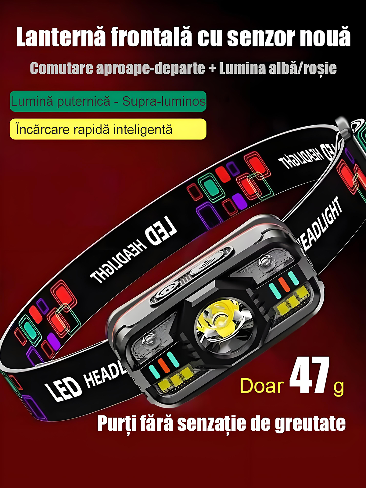 Lampă frontală inteligentă cu senzor, multifuncțională, cu multiple surse de lumină, reîncărcabilă, pentru exterior.